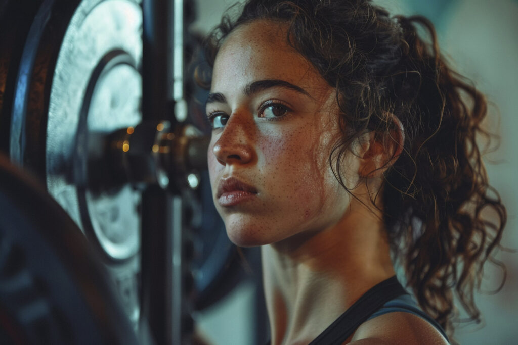 female athlete in the gym focuses before training